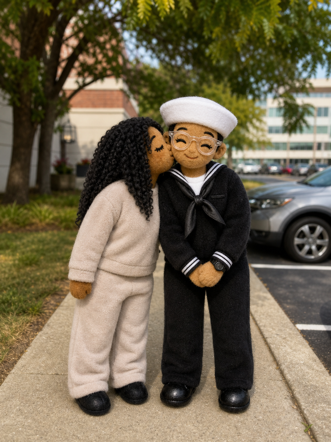 A Marine and her mother plushie portrait — a mother kissing her daughter in uniform