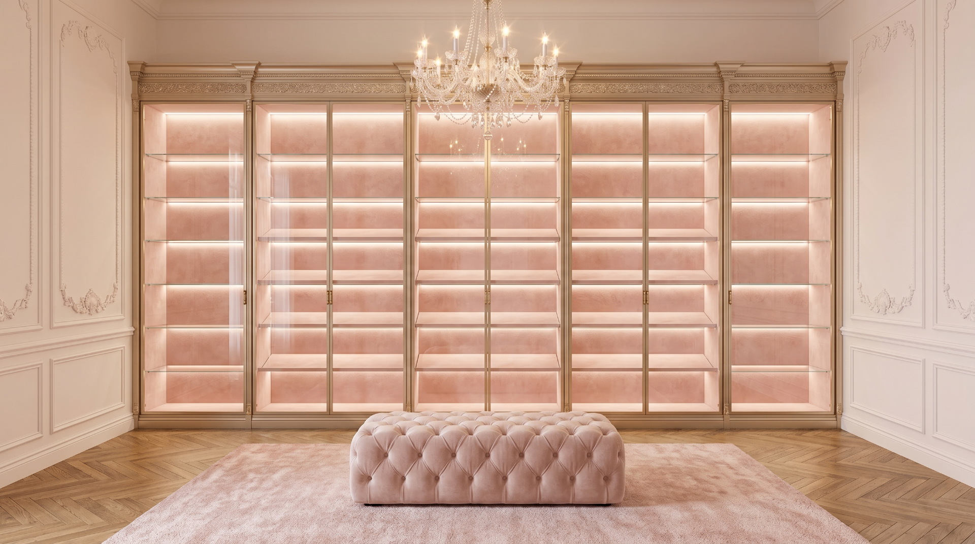 The empty pearl vitrine room — chandelier-lit gold-trimmed cabinets with blush velvet backing, awaiting the first bespoke pieces